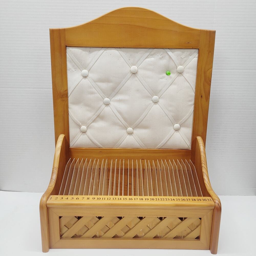Vintage Tufted Back Wood Monthly Mail Planner Organizer Box 31 Day Planner